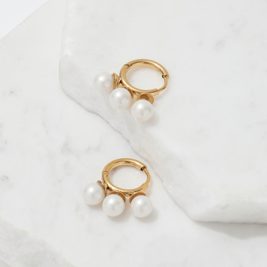 Kiril - Triple Pearl Row Gold Huggie Earrings