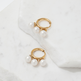 Kiril - Triple Pearl Row Gold Huggie Earrings