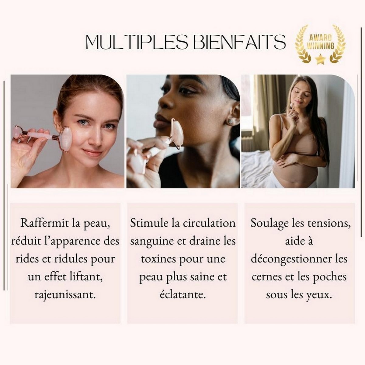 Accesorios de belleza Massage Quartz Rose: Lot de 3 herramientas de piedra natural: un gua sha, un champi y un rollo de masaje
