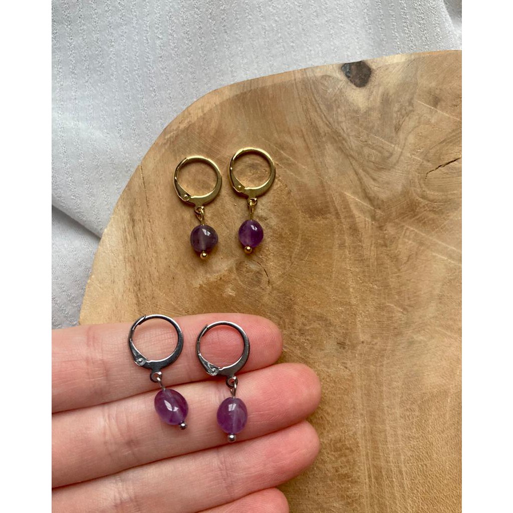 Natural Stone Earrings Stainless Steel gold/silver 'Amethyst'