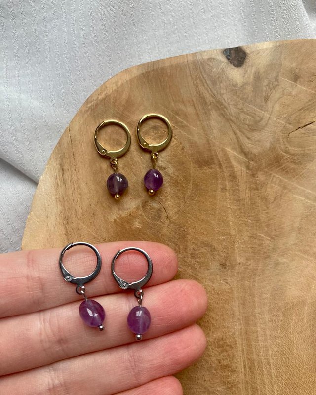 Natural Stone Earrings Stainless Steel gold/silver 'Amethyst'