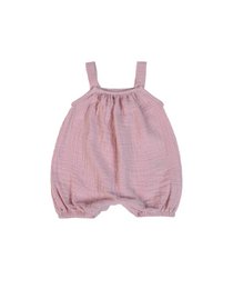 A pink muslin romper for babies, featuring a loose, balloon-style silhouette and adjustable straps. The romper is suitable for infants aged 1-12 months and comes in a variety of sizes.