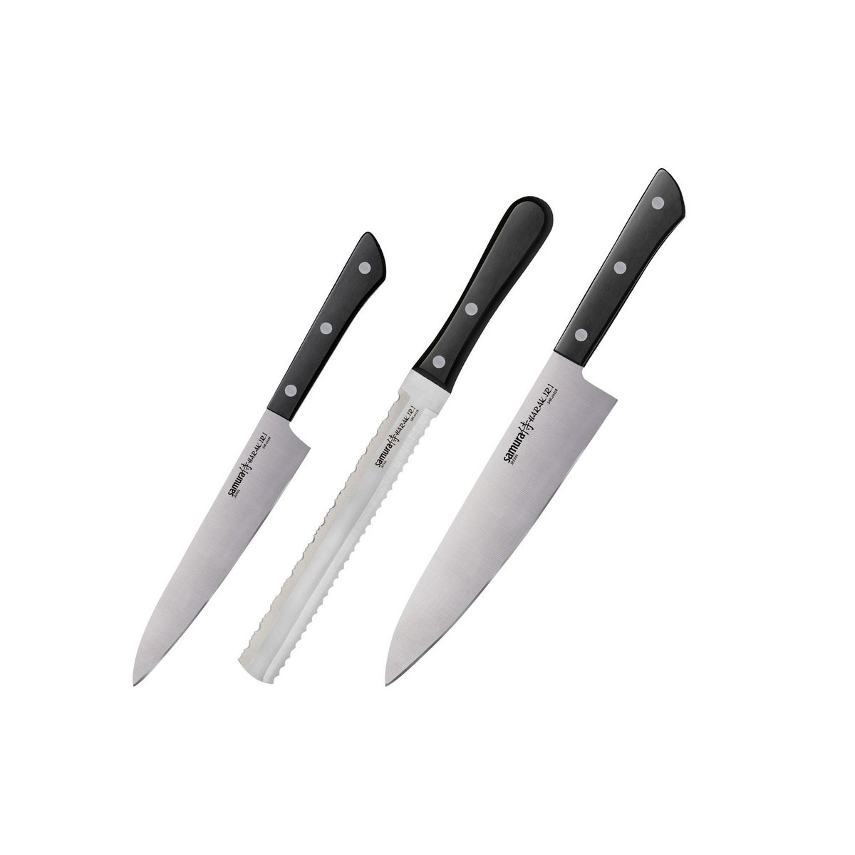 Samura Harakiri Knife Set, 3 pcs, Utility, Two-sided Saw & Chef's Knives, Black Handle