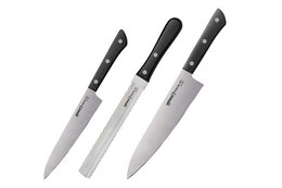 Samura Harakiri Knife Set, 3 pcs, Utility, Two-sided Saw & Chef's Knives, Black Handle