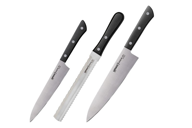 Samura Harakiri Knife Set, 3 pcs, Utility, Two-sided Saw & Chef's Knives, Black Handle