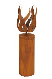 A rustic, wooden lantern with a flame-like design, suitable for outdoor or indoor use.