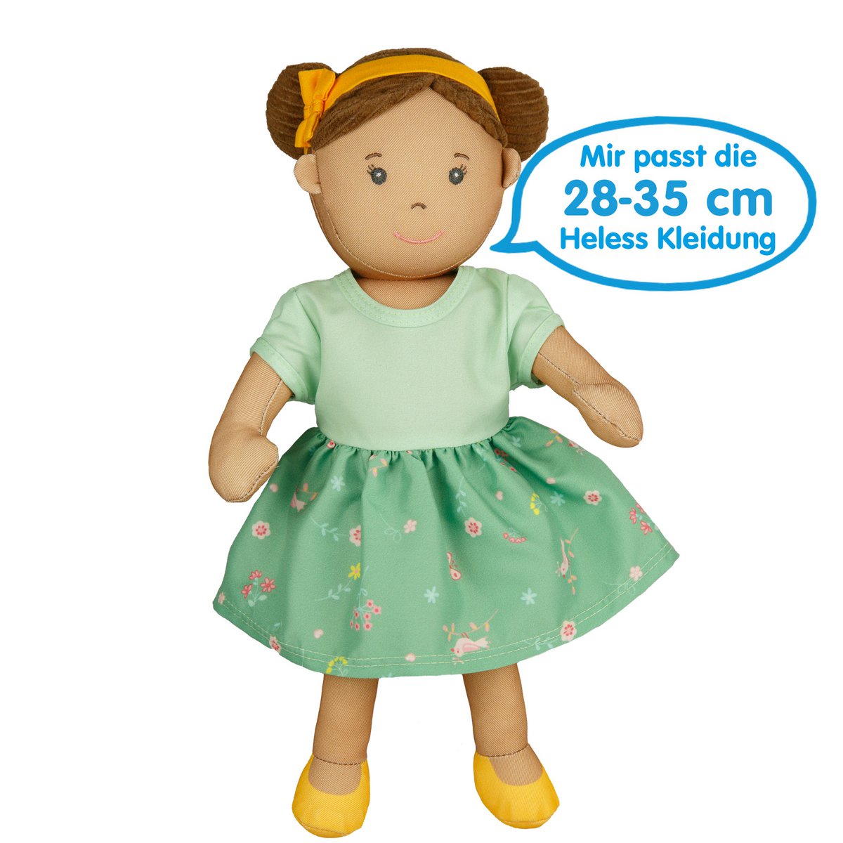 Lalka z materiału „Livi” z sukienką do zakładania i startu, 32 cm