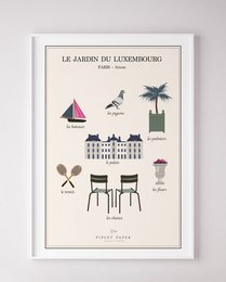 Vibrant wall art featuring iconic elements of the Luxembourg Gardens in Paris, including a sailboat, palm tree, and classic garden furniture. Suitable for home or office decor.