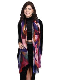 Vibrant, abstract digital print stole made of fine, sustainable wool. Features a mix of bold, warm colors and patterns. Ideal for adding a stylish, eye-catching accent to any outfit.