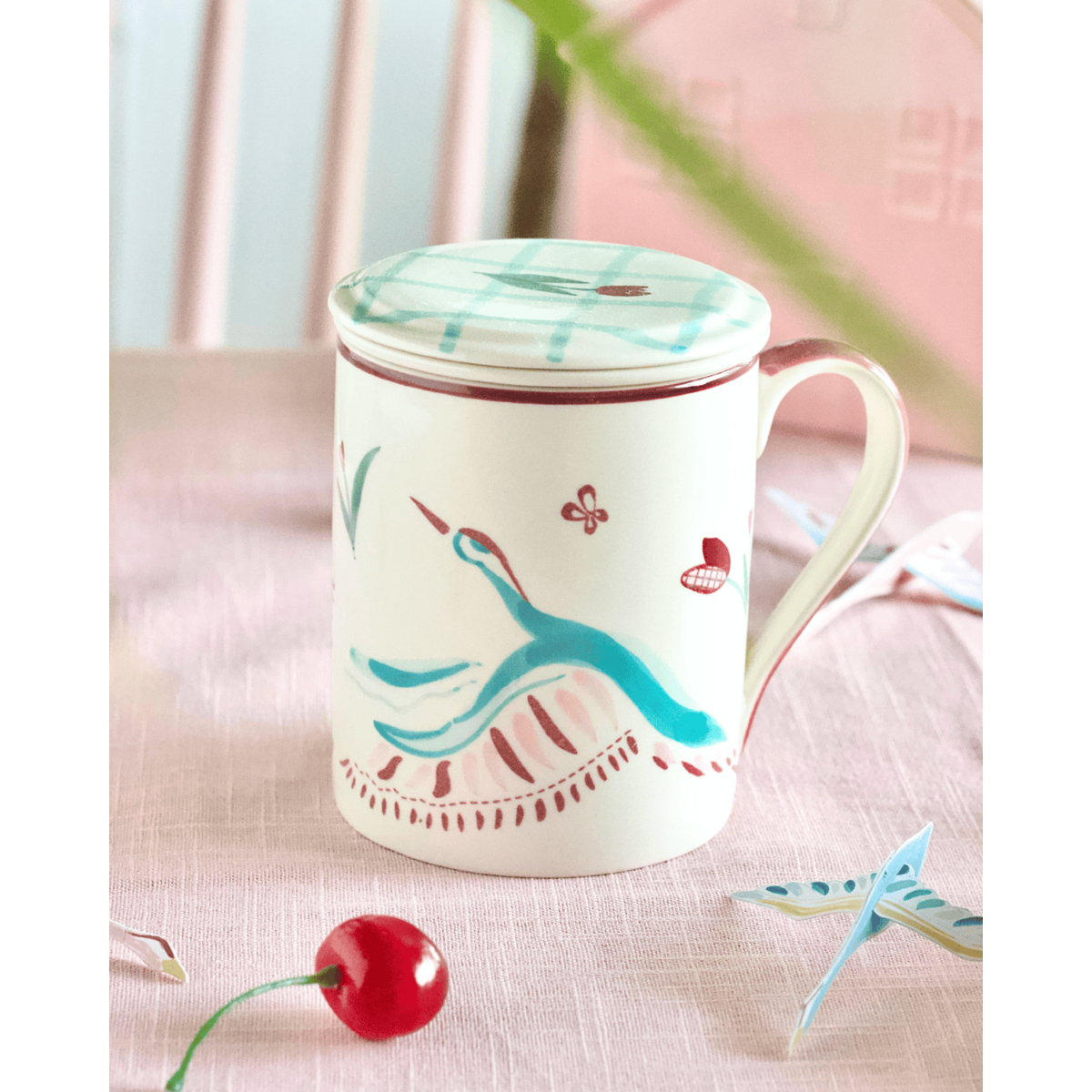 Handpainted Ceramic Mug - Infuser, Lid, 410ml
