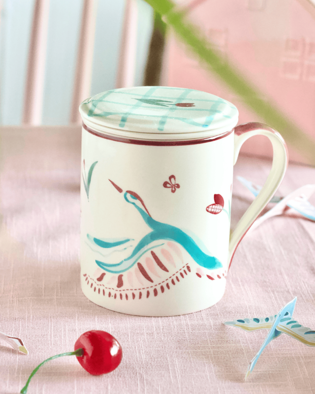 Handpainted Ceramic Mug - Infuser, Lid, 410ml