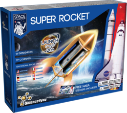 A large, colorful rocket with flames and smoke billowing from the engine. The rocket is surrounded by various international flags, indicating its global appeal and scientific nature.