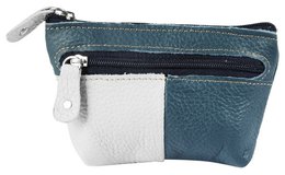 Blue gray genuine leather key bag, two-tone color block design, small coin pocket wallet with zipper closure