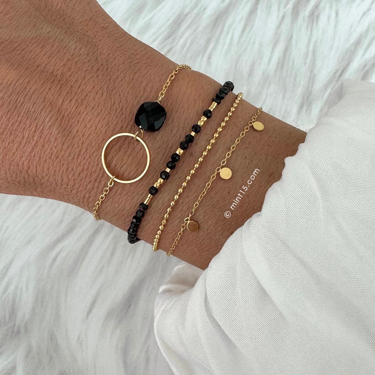 Chain Bracelet with Ring - Black Obsidian