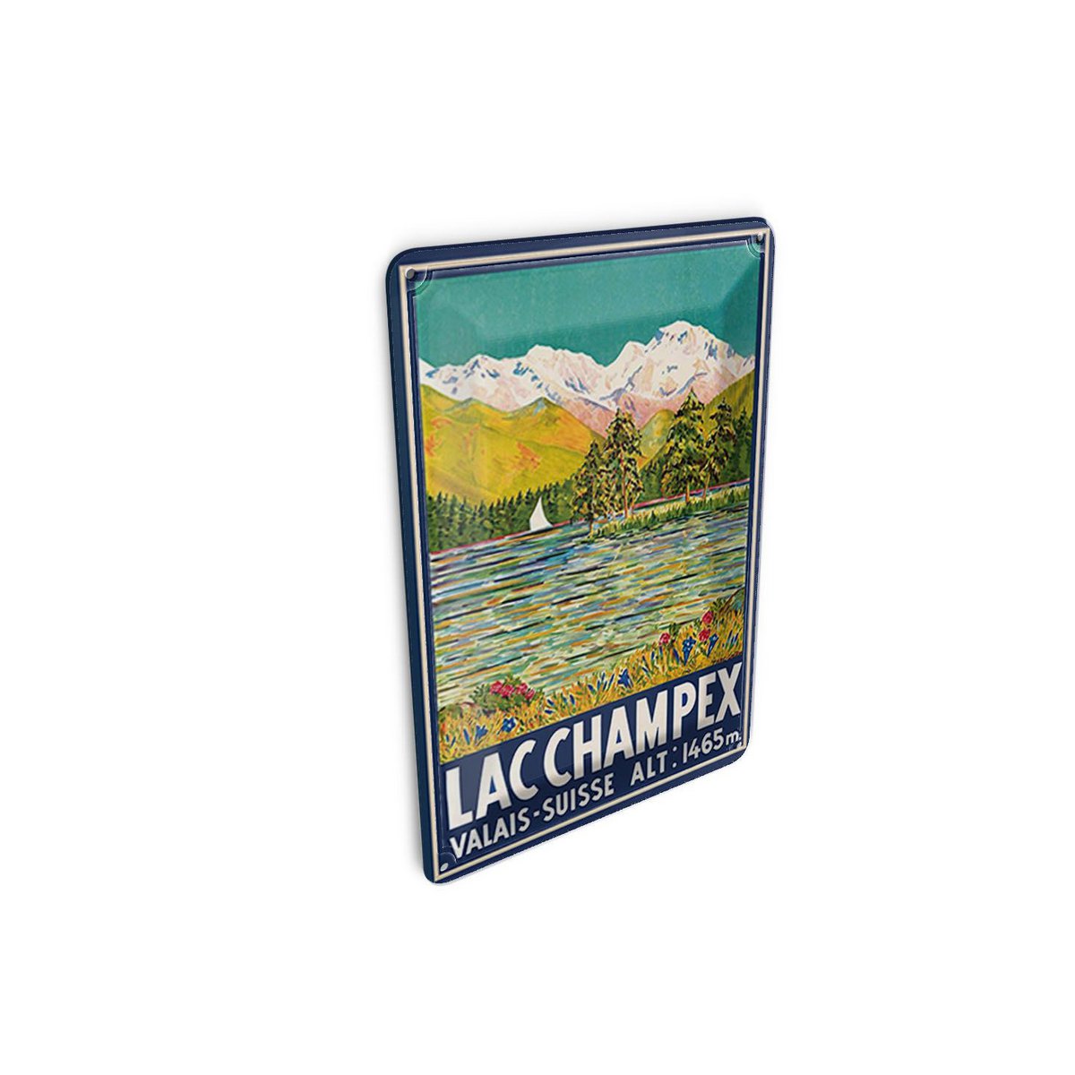 Cartolina in latta da viaggio 10x14 cm Lac Champex valais Suisse 1465 m Insegna decorativa