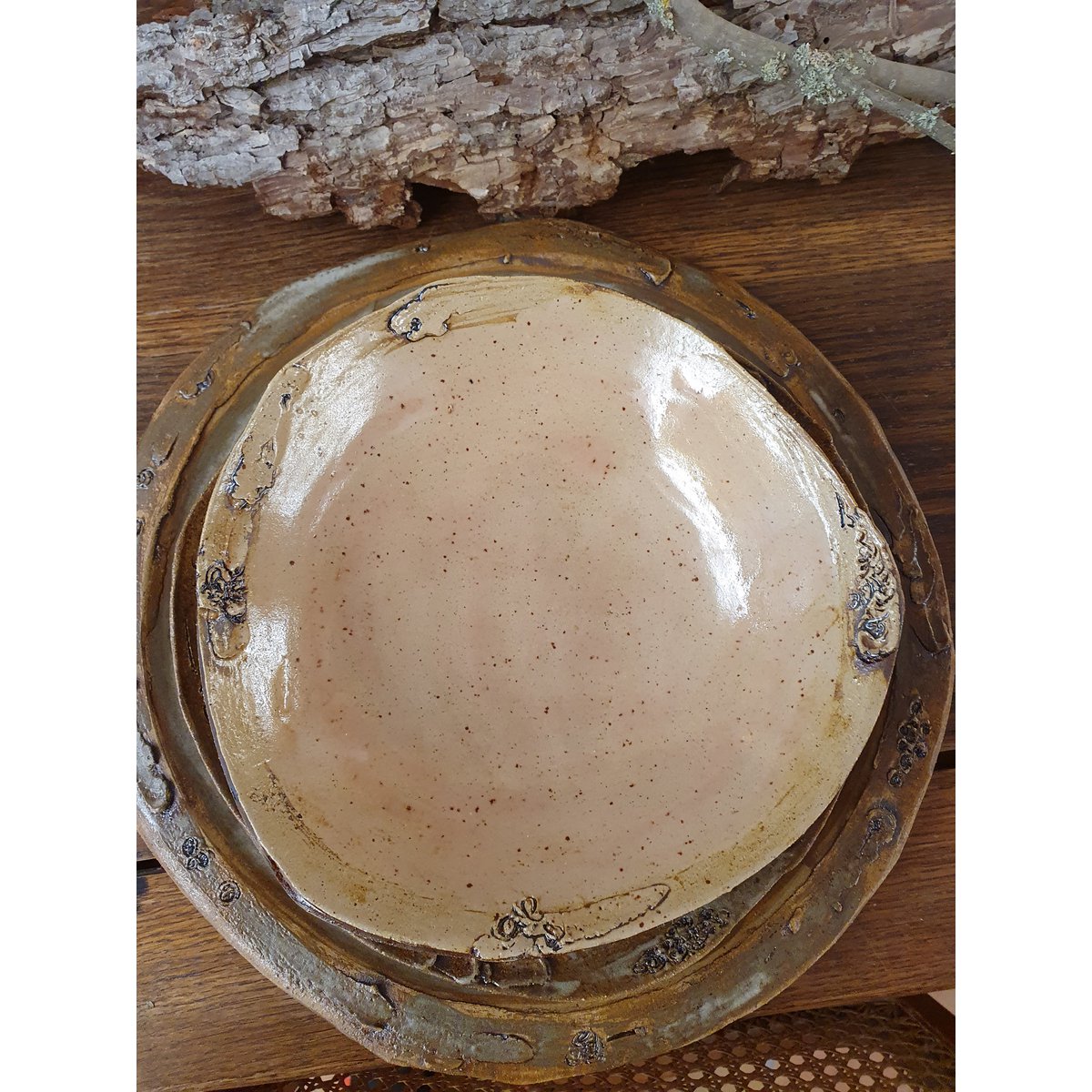 Speise-Teller, flach, ca. 24 cm, Geschirr, Handarbeit, Steinzeug, Unikat, Teller,  cremeweiß, matt