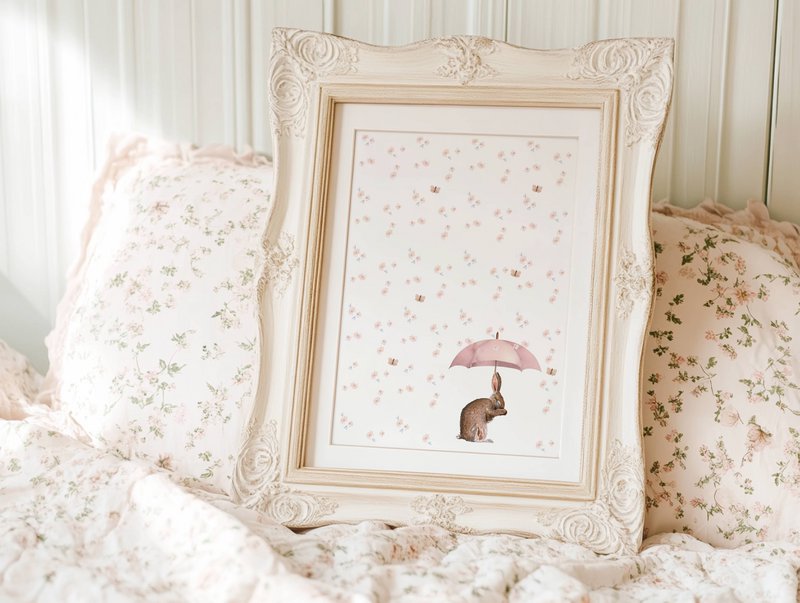 Conejito con póster rosa para paraguas y flores, póster de conejito, lindo póster de conejito, póster de habitación de niñas rosas, estampado de conejito lindo, estampado de arte de guardería de niñas, habitación para niñas