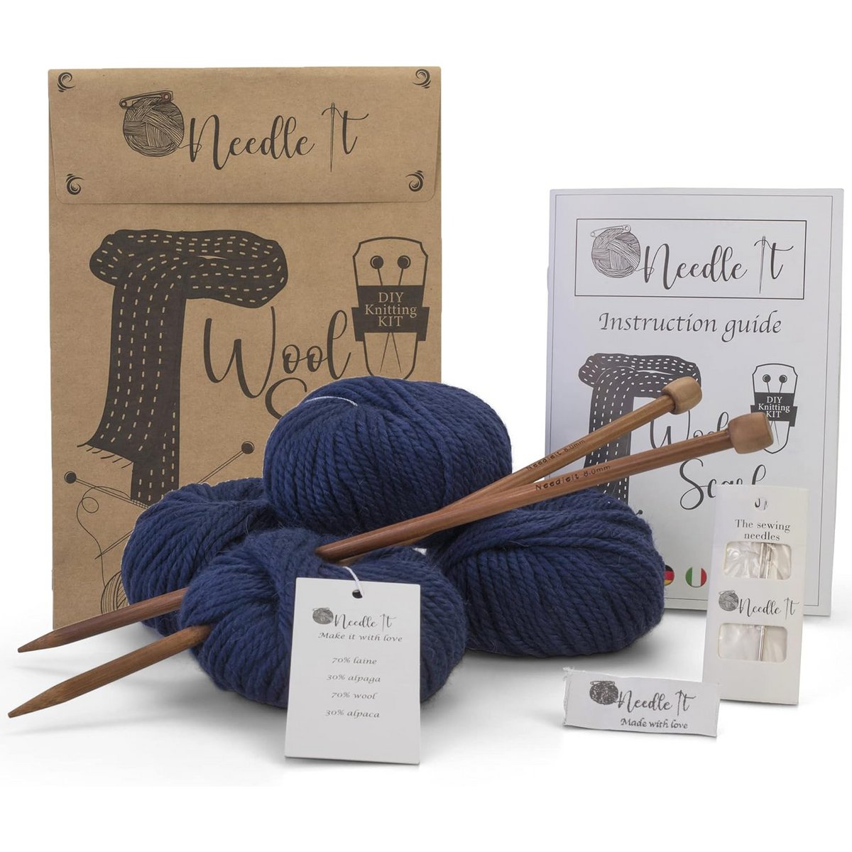 NEEDLE IT® Kit de Tejer para Principiantes para Adultos Completo con Agujas de Tejer - Bufanda de Lana para Tejer DIY - Idea de Regalo (Azul Marino)