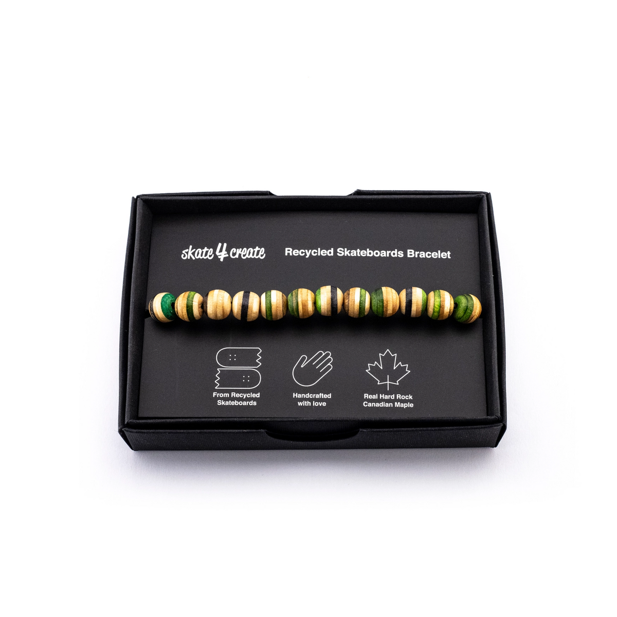 Recycled Skateboards Wood Bead Bracelet, Green, 8mm Beads, Unisex, Adjustable