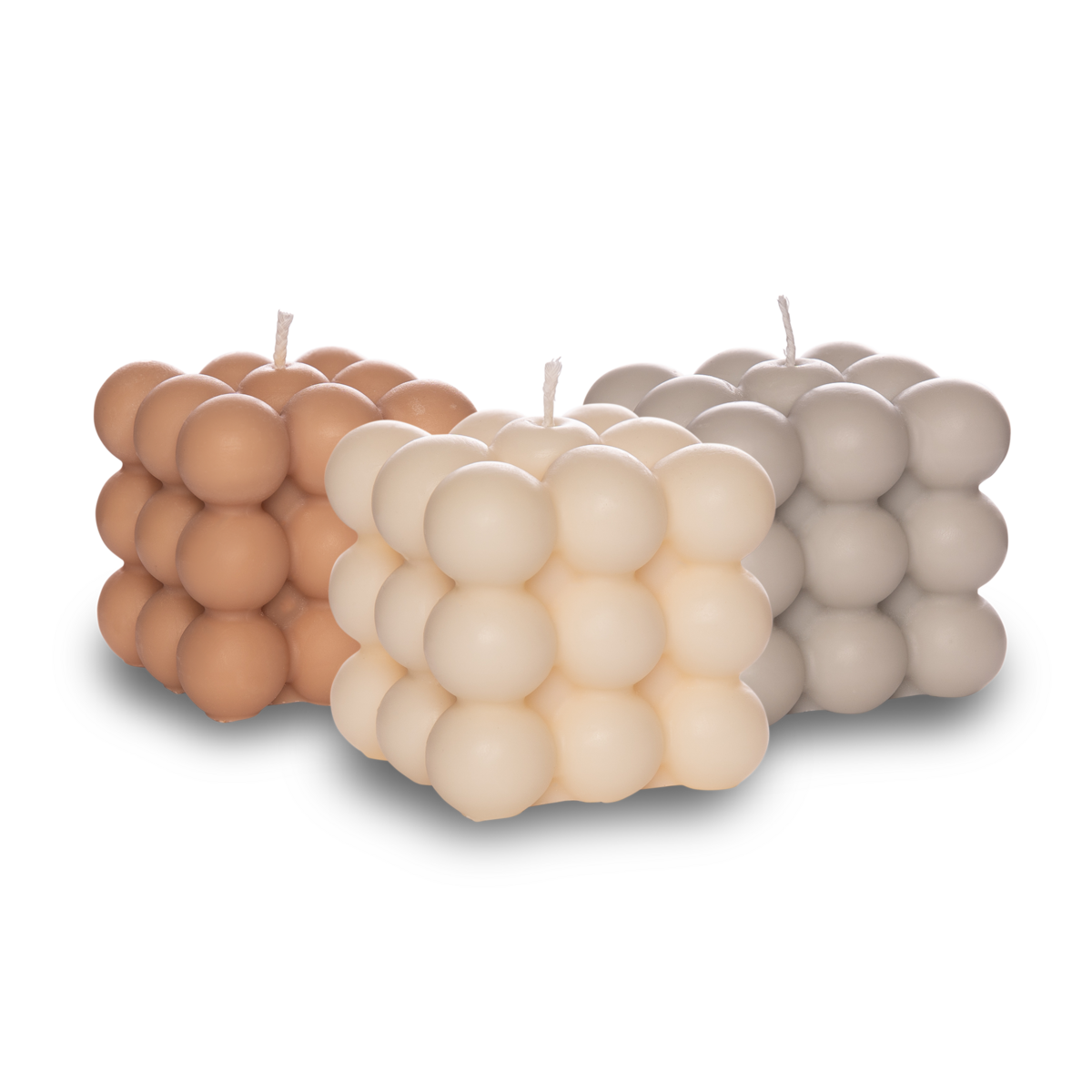 Set de 3 velas burbuja crema, gris claro, beige