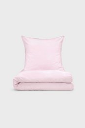Pink chambray bed linen set, soft cotton material, pillowcase and fitted sheet included, lightweight breathable fabric.
