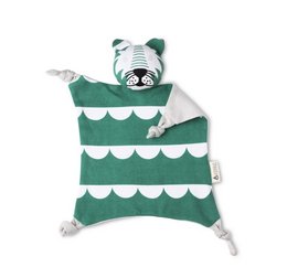 Soft, plush green and white polka dot cuddle cloth with a cute tiger face and ears. Made of high-quality materials for a cozy, comforting toy for babies and toddlers.