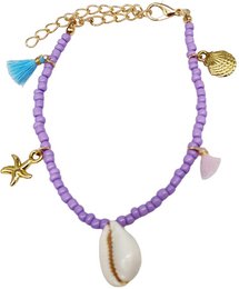 Purple beaded bracelet with shell pendant, star charm, gold chain accents, boho style anklet.