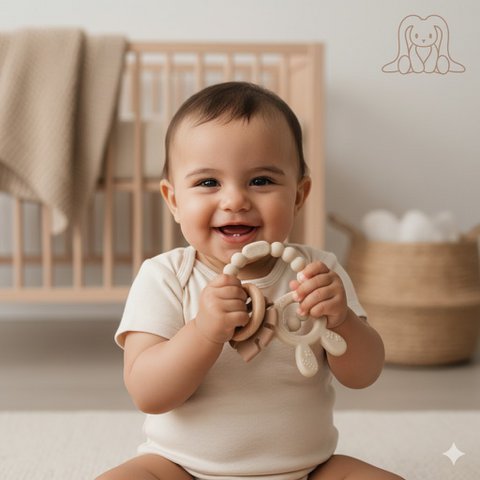 Weich & hart | Bunny & Blatt Rassel Holz & Silikon Teether | Sand & Khaki