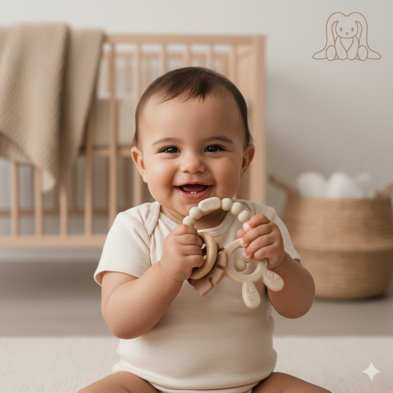 Suave y duro | Bunny & Leaf Ratch Wood & Silicone Teether | Arena y caqui