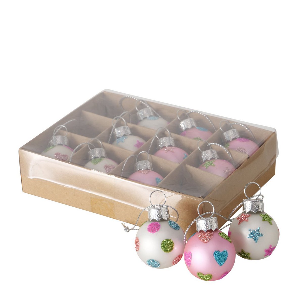 Christmas ball mini glass pink-white 12 pieces