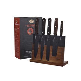 SOSL Bloc de 5 couteaux de cuisines, Set Acier Inoxydable, Titane, avec Bloc en Bois d'Acacia, Couteaux de Chef, Pain,Viande, Poisson, Lame Noire