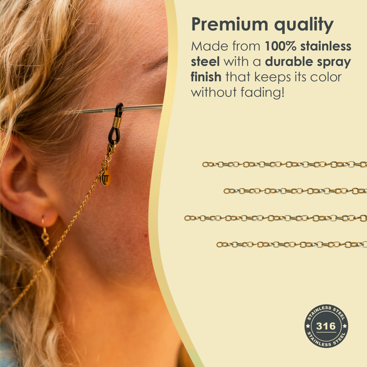 Glasses Cord Basic Gold — 100% Stainless Steel & Unisex Eyewear Cords for Women and Men — Glasses Chain with Extra Loops — Brillenkoord Brillenband Brillenkette Cordon de Lunettes Cordón Para Gafas