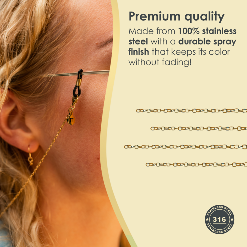 Glasses Cord Basic Gold — 100% Stainless Steel & Unisex Eyewear Cords for Women and Men — Glasses Chain with Extra Loops — Brillenkoord Brillenband Brillenkette Cordon de Lunettes Cordón Para Gafas