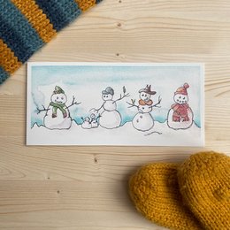 A group of whimsical snowmen in winter attire, including hats, scarves, and accessories, standing together in a snowy scene.
