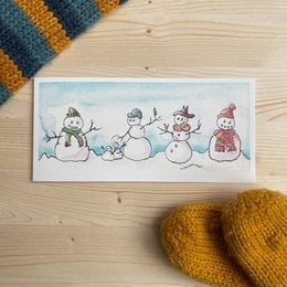 A group of whimsical snowmen in winter attire, including hats, scarves, and accessories, standing together in a snowy scene.