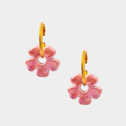 Elegant gold-tone hoop earrings with pink flower accents. Crafted with a delicate, feminine design.