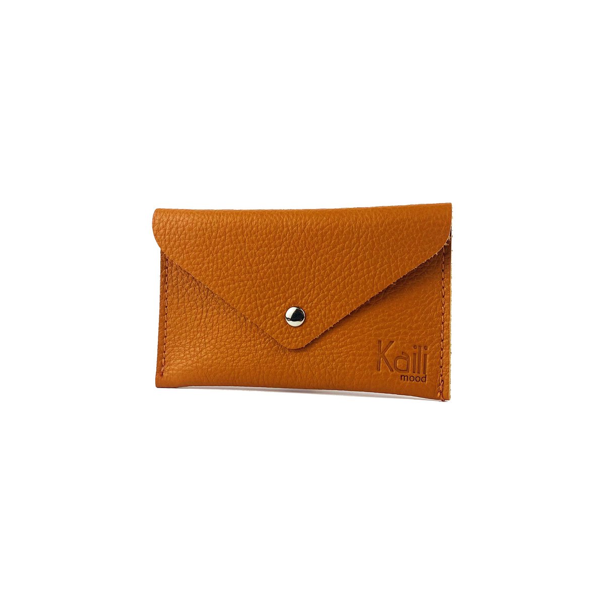 K0040LB | Zakje met klep Made in Italy in echt volnerf leer, generfd dollar - Oranje kleur - Afmetingen: 13 x 8 x 0,5 cm - Verpakking: stijve bodem/deksel Geschenkdoos
