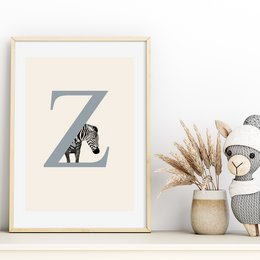 Decorative poster featuring the letter 'Z' with a stylized zebra illustration. Suitable for a kids' room or nursery decor.