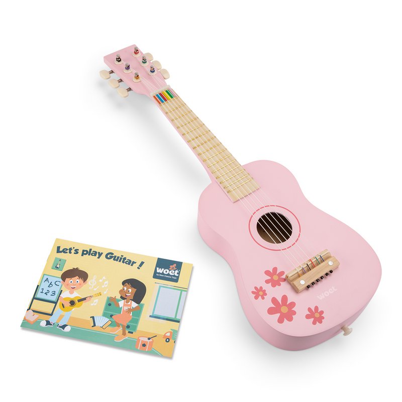 Houten Speelgoedgitaar - Roze met Bloemen