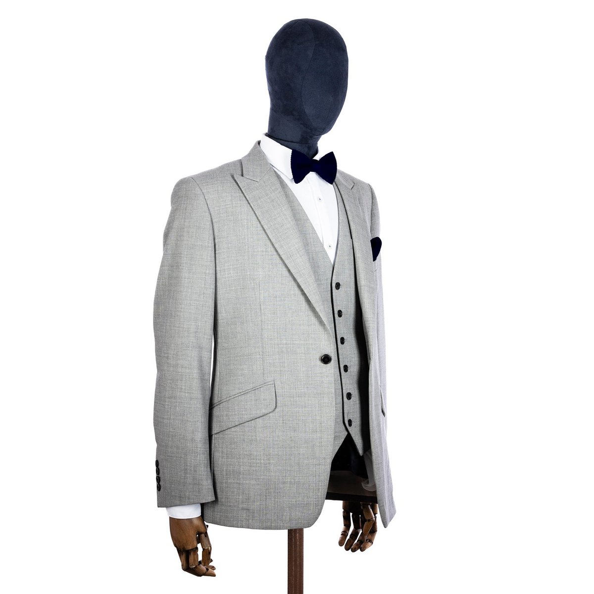 Navy blue knitted bow tie and pocket square set