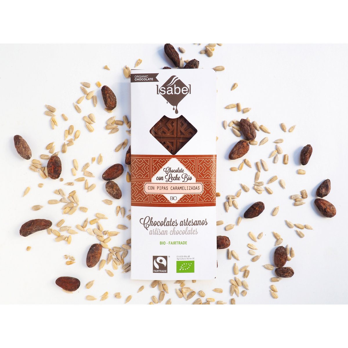 TABLETABIO: Chokolade med Leche y Pipas caramelizadas (caja de 10 unidades de 80g)