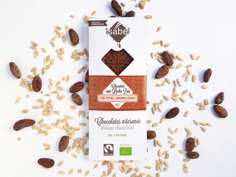 TABLETABIO: Chokolade med Leche y Pipas caramelizadas (caja de 10 unidades de 80g)