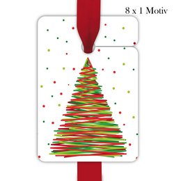 Colorful Christmas tree-shaped gift tags with a modern, abstract design. Measures 10 x 6.9 cm.