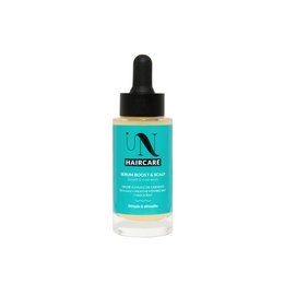 Boost & Scalp Serum, a hair care product for scalp health, featuring a clear glass bottle with a dropper and green leaves, indicating natural ingredients.