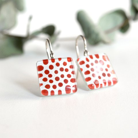 Red Polka Dot earrings, Square glass tile dangle drop with sterling silver hooks
