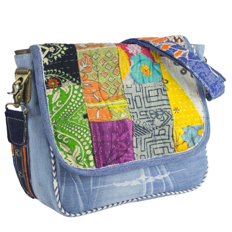 Sac bandoulière pour femme Sunsa en jean upcyclé et tissu sari (toile). Sac à main style rétro vintage. Sac bandoulière pour femme.
