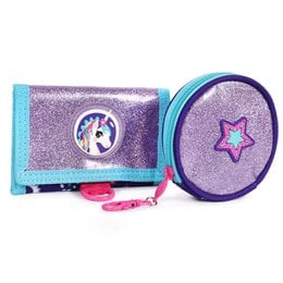 Purple glitter wallet and coin purse set with unicorn and star design, pink keychain attachment.