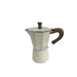 Cream-colored espresso maker with a wooden handle, capable of brewing 3 cups of espresso. Suitable for use in a kitchen or cafe setting.