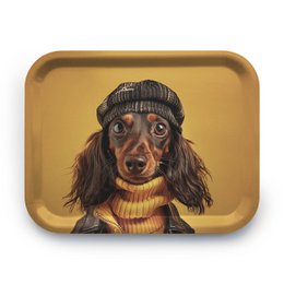  Decorative tray with a brown dog wearing a knit hat and sweater against a yellow background.