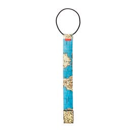 Adjustable blue and gold patterned luggage strap with metal buckle for securing suitcases and bags.